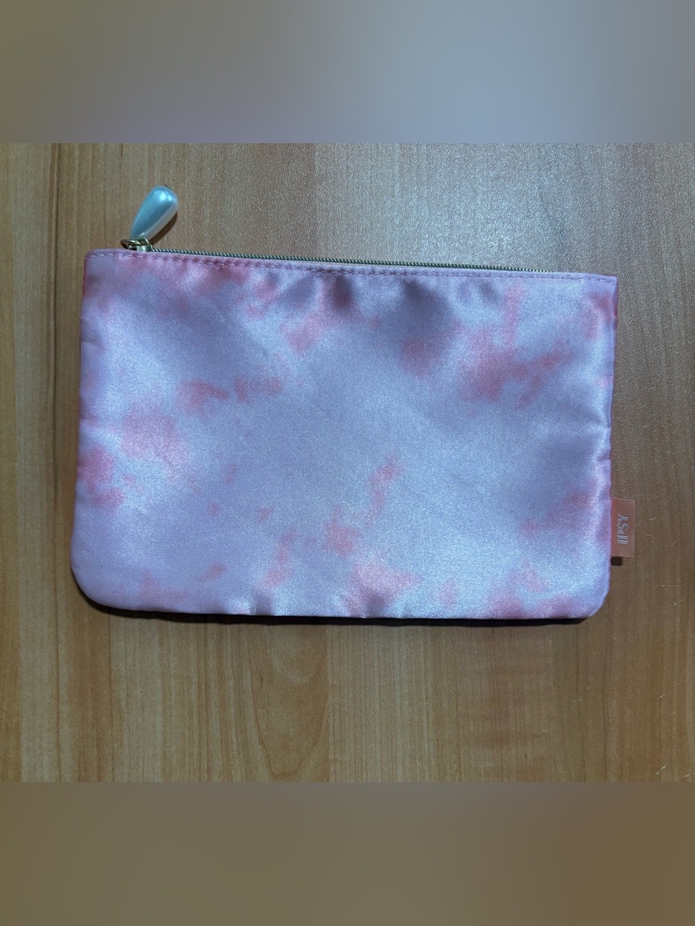 Ipsy Pink Satin Tie-Dye Cosmetic Bag with Pearl Zip Pull